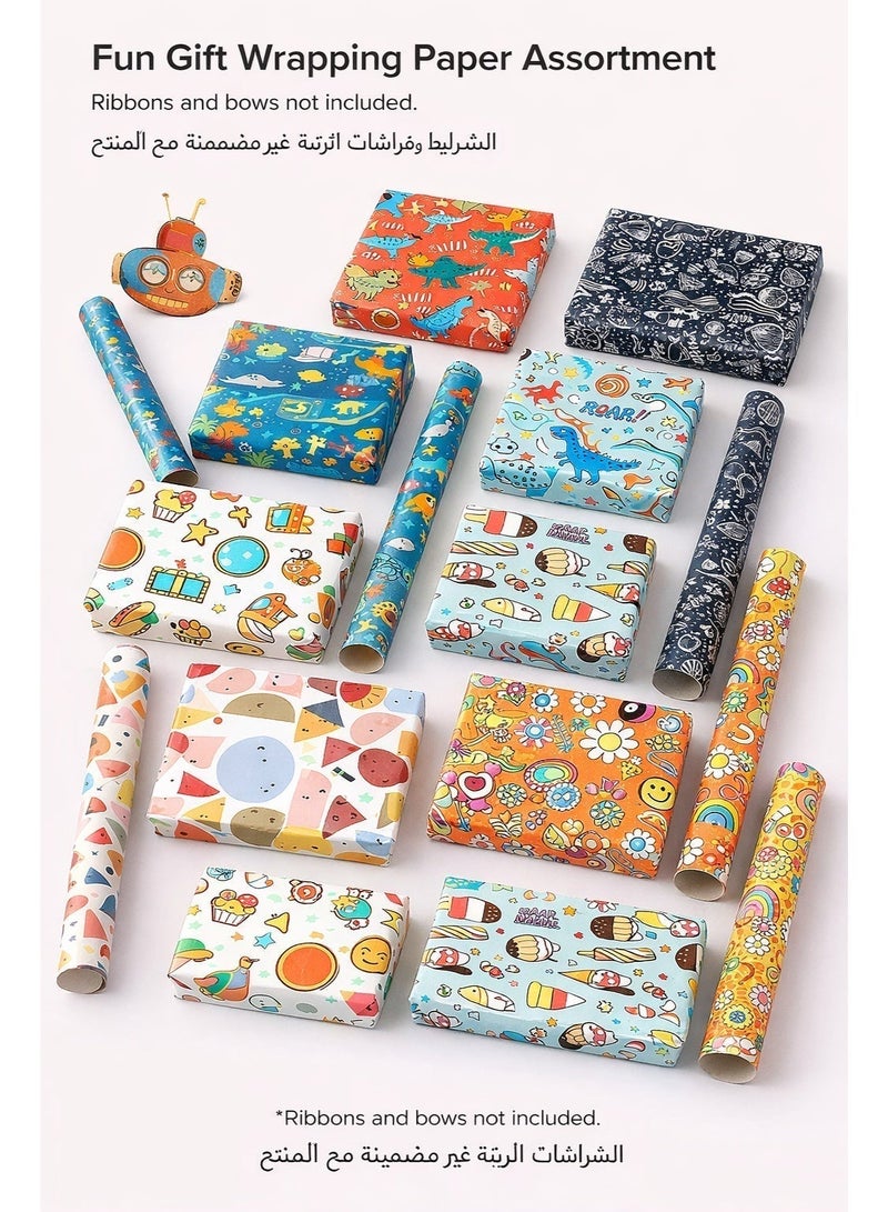 مجموعة ورق تغليف هدايا برسومات حيوانات، 10 أوراق 50×70 سم، 10 تصاميم (ورقة لكل تصميم) تشمل ديناصور/آيس كريم/عباد الشمس/غواصة/أصداف، مع لفة شريط لاصق شفاف، لهدايا الأطفال والمناسبات - Image 5